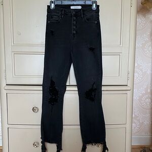 Hidden Cropped Distressed Buttonfly Black Jeans Size 25
